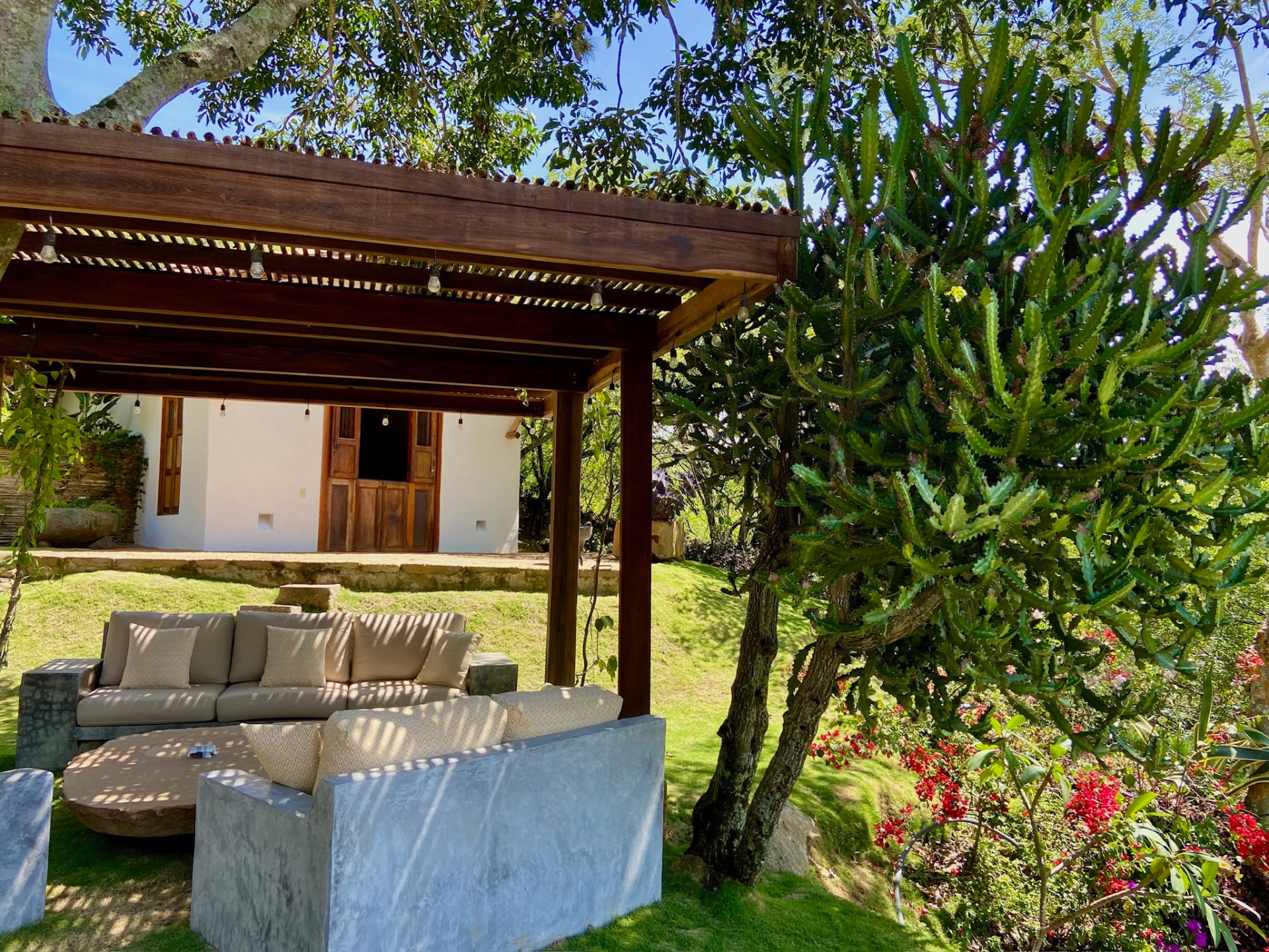 Reclaimed wood pergola beams above the garden lounge