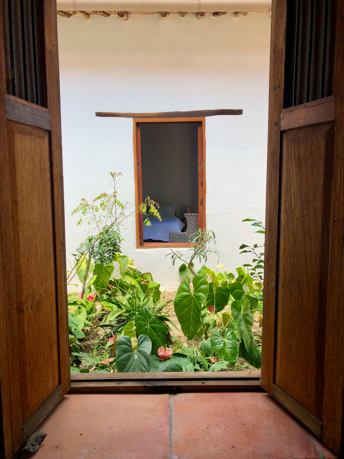 Timber doors opening onto the anthurium courtyard and bedroom window