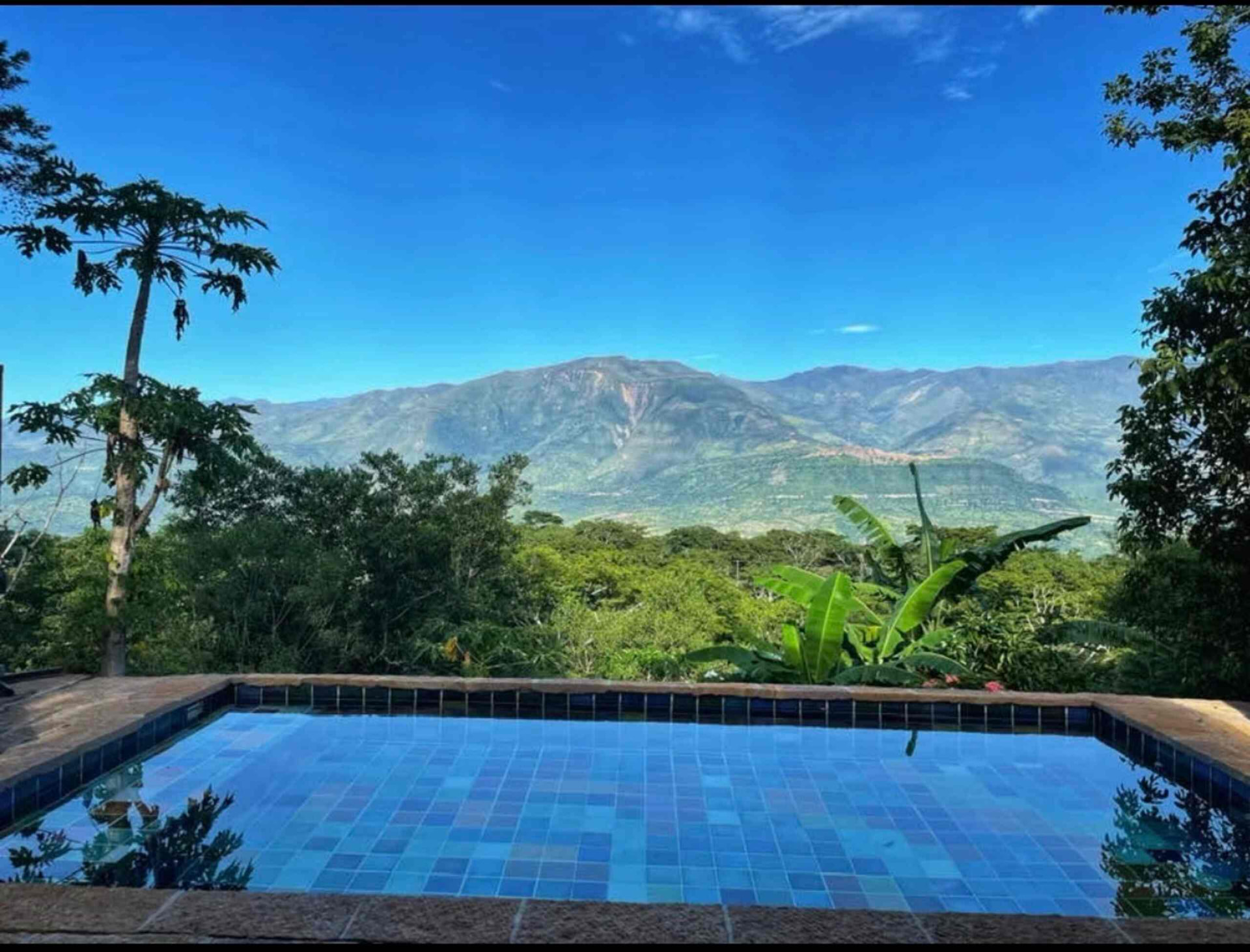 Blue mosaic pool looking out past papaya and banana leaves to the Uchata mountains under a clear sky