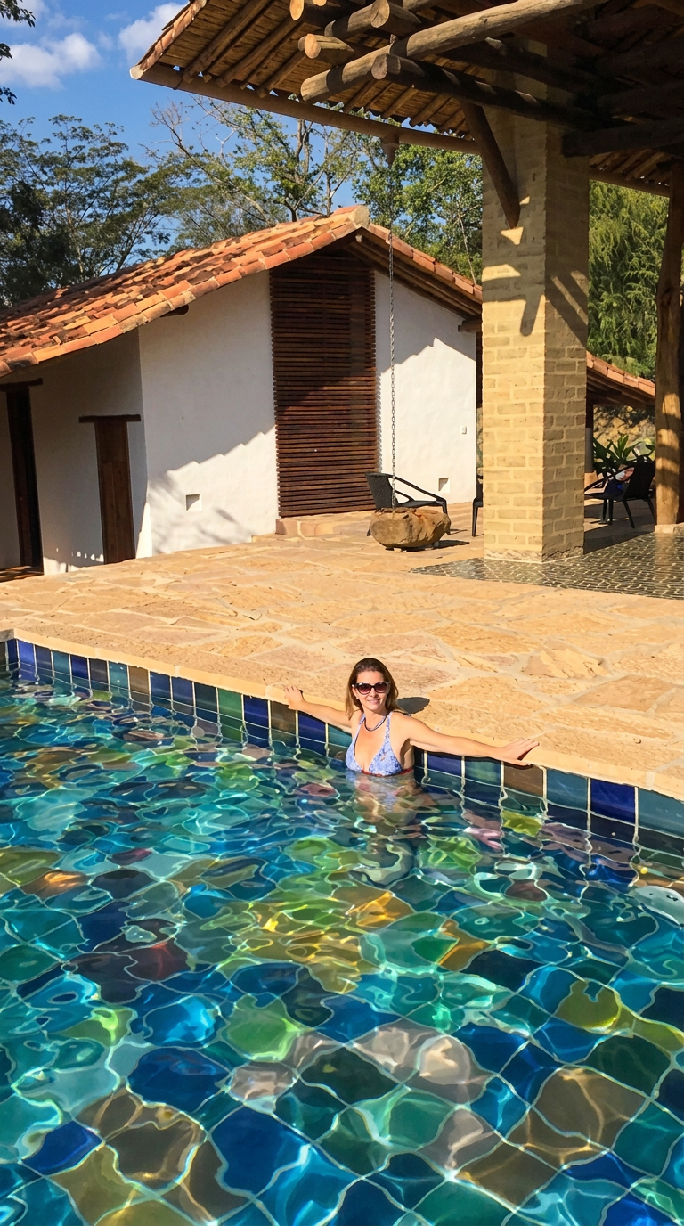 Swimming in the turquoise mosaic-tiled pool beside the clay-tiled pavilion
